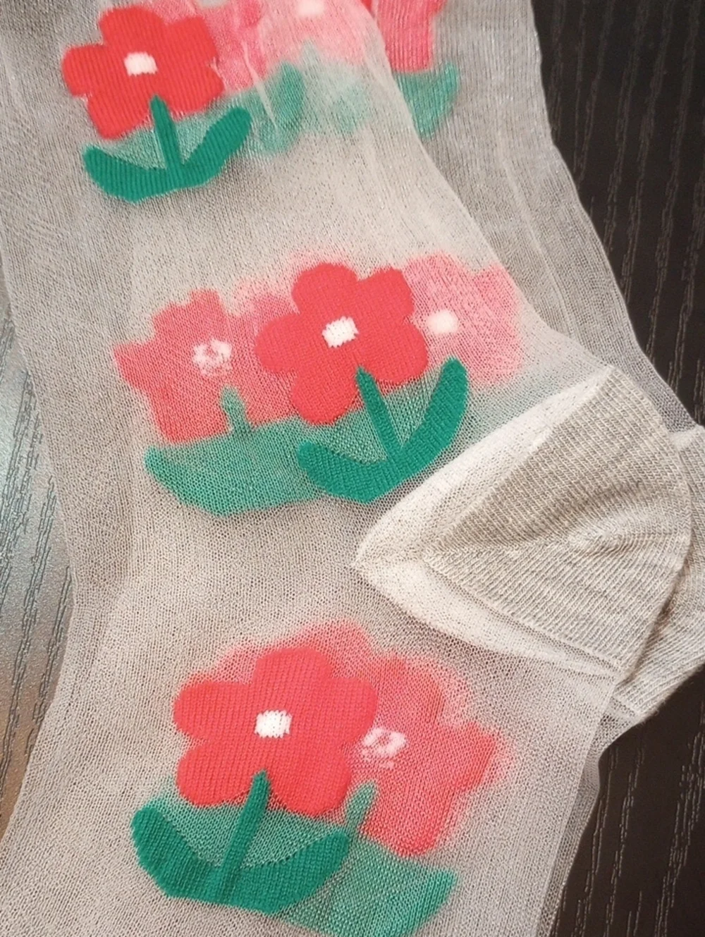 Sheer Lace Gray Socks Reddish Floral Print Summer Mid-calf Socks Cottagecore